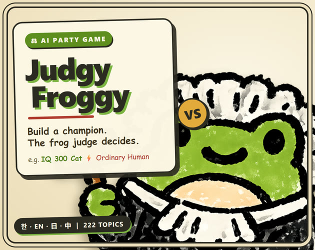 Judgy Froggy: a frog judge in a wig next to the title card